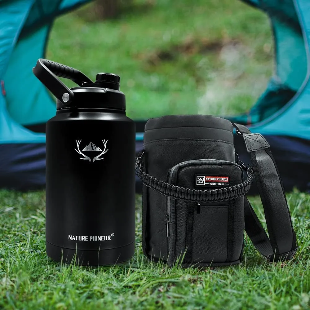 NATURE PIONEOR One Gallon Water Bottle Insulated - Large Double Vacuum Stainless Steel 128 oz Water Bottle with Holder/Carrier, 1 Gallon Water Jug 2 in 1 LID, Flip Straw and Spout, Wide Mouth