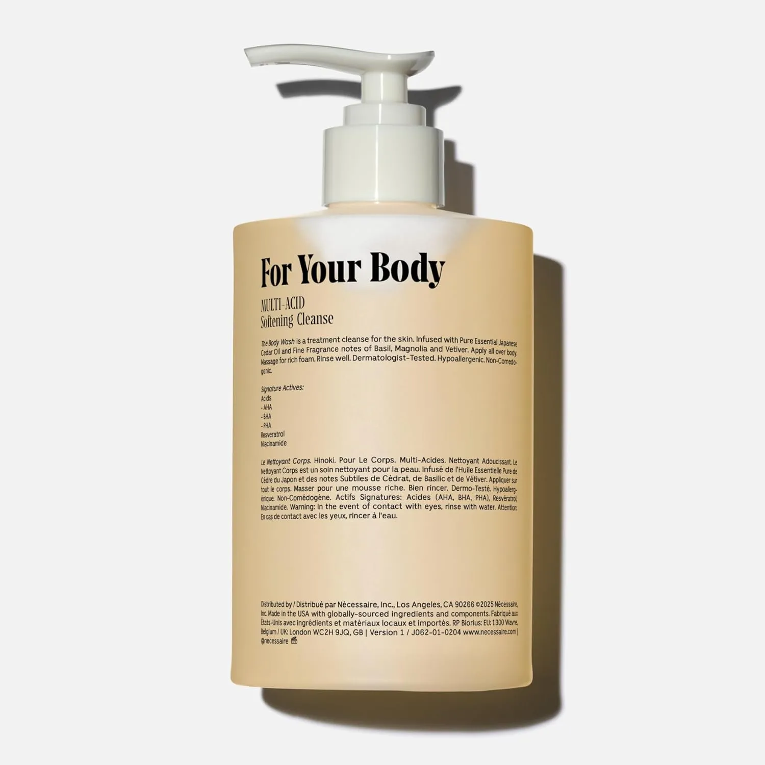 Nécessaire The Body Wash Hinoki. Natural Body Wash for Women & Men, Softening Shower Gel with Gentle Exfoliating Acids AHA/BHA/PHA. Gel Cleanse,16.9 fl oz