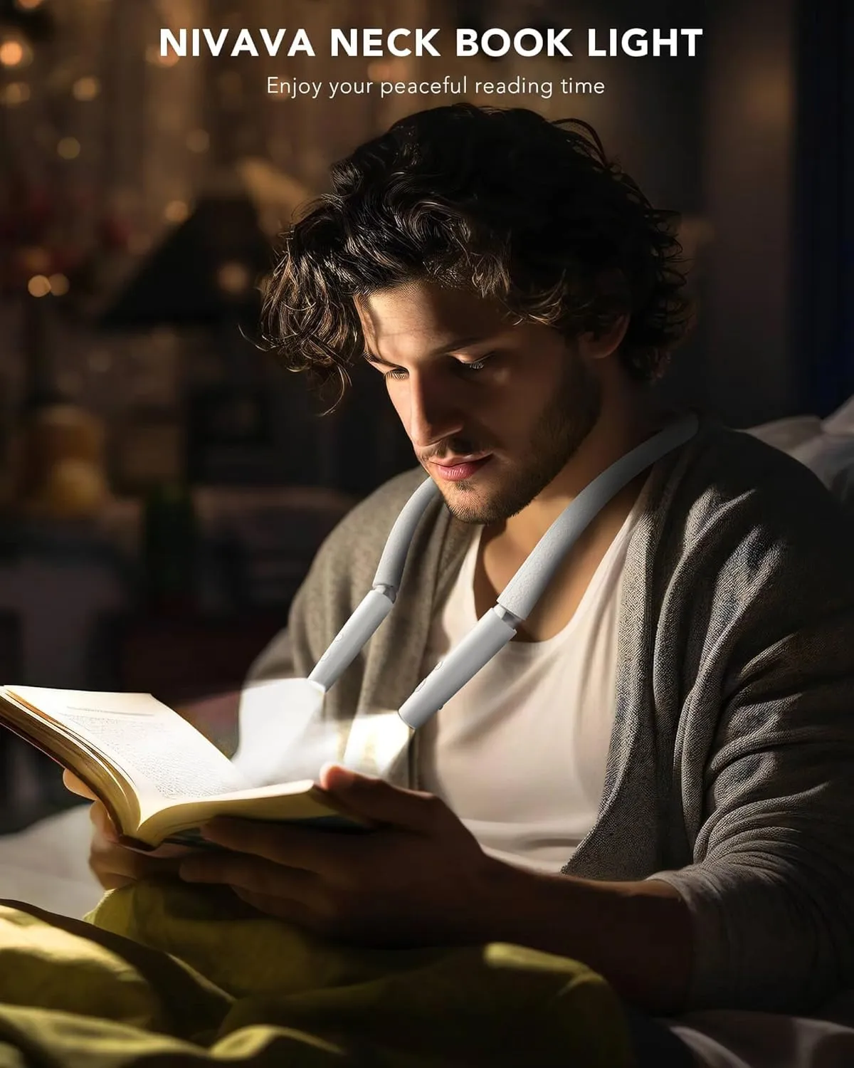 Neck Reading Light, Book Light for Reading in Bed [Steering Shafts Adjustment], Bendable Silicone Arm, Long Lasting LED Rechargeable Knitting Light for Camping, Repair, Crochet & Craft, White