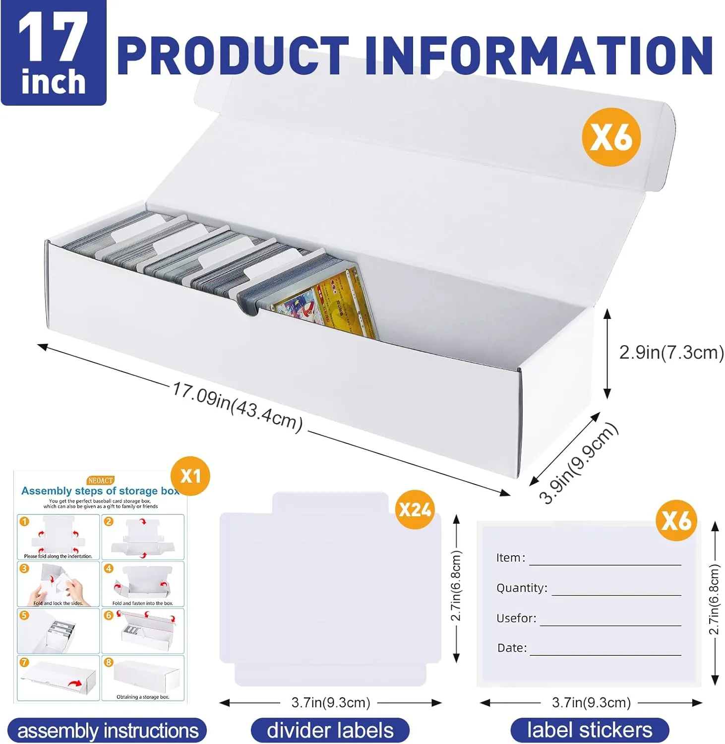NEOACT 6 Pack ·1200 Count Trading Card Storage Box,17 Inch Cardboard Storage Boxes with Dividers&Labels for TCG,Game,MTG,Sports Cards Collection Organizer