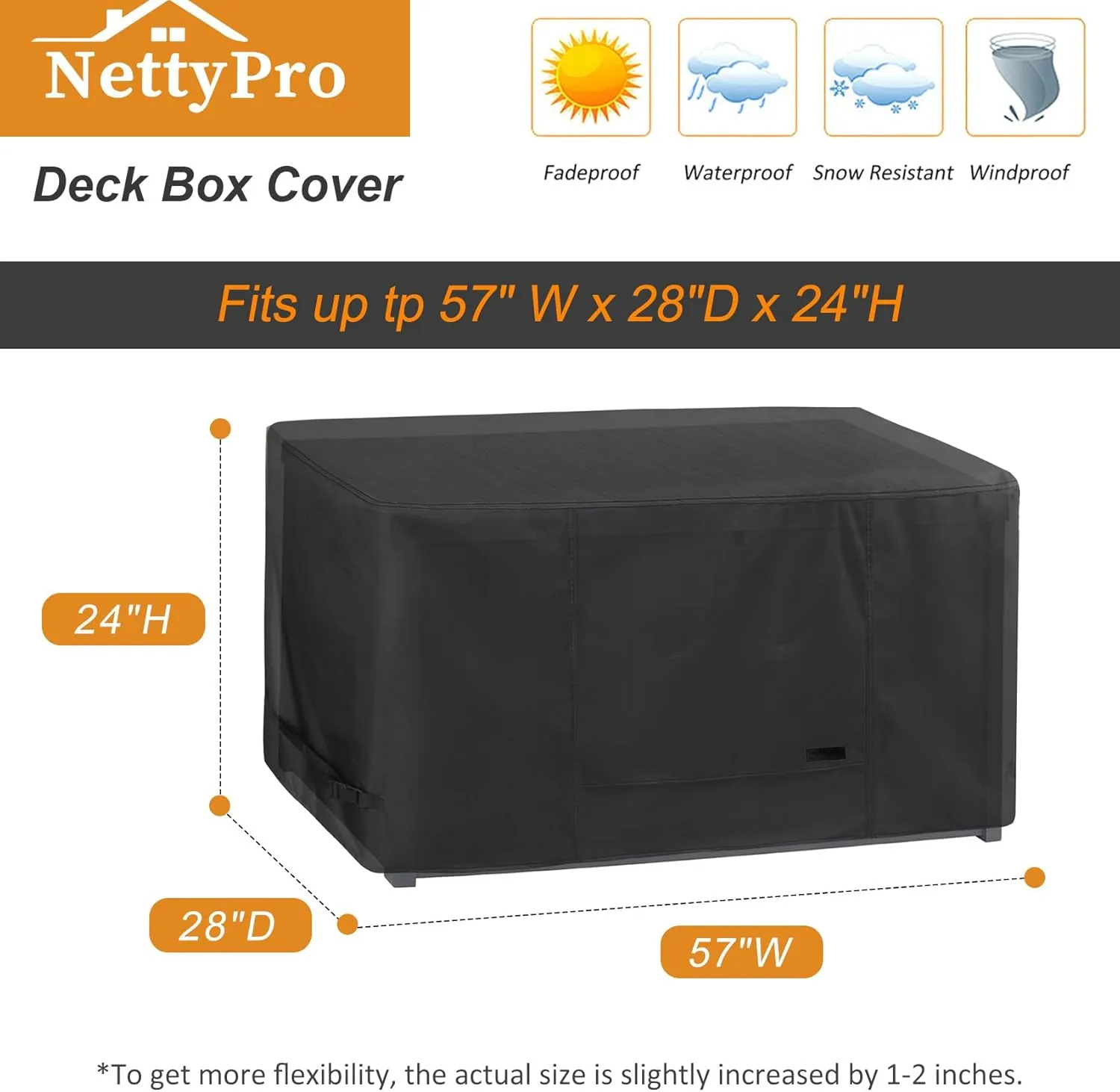 NettyPro Deck Box Cover, Fade Resistant Waterproof Outdoor Patio Storage Box Bench Cover for Keter Rectangular 150-135 Gallon Resin Deck Box, 57 x 28 x 24 inch, Black