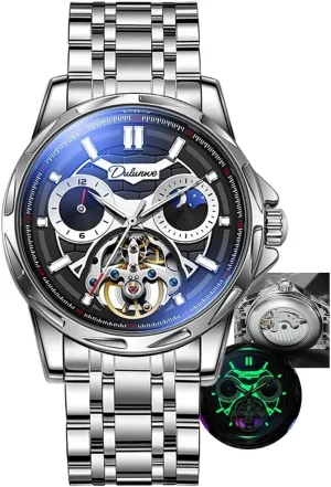New Luxury Automatic Mechanical Watch for Men Hollow Tourbillon Waterproof Luminous Black Stainless Steel Mens Watches Gifts Box