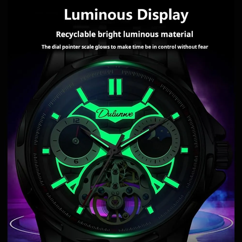 New Luxury Automatic Mechanical Watch for Men Hollow Tourbillon Waterproof Luminous Black Stainless Steel Mens Watches Gifts Box
