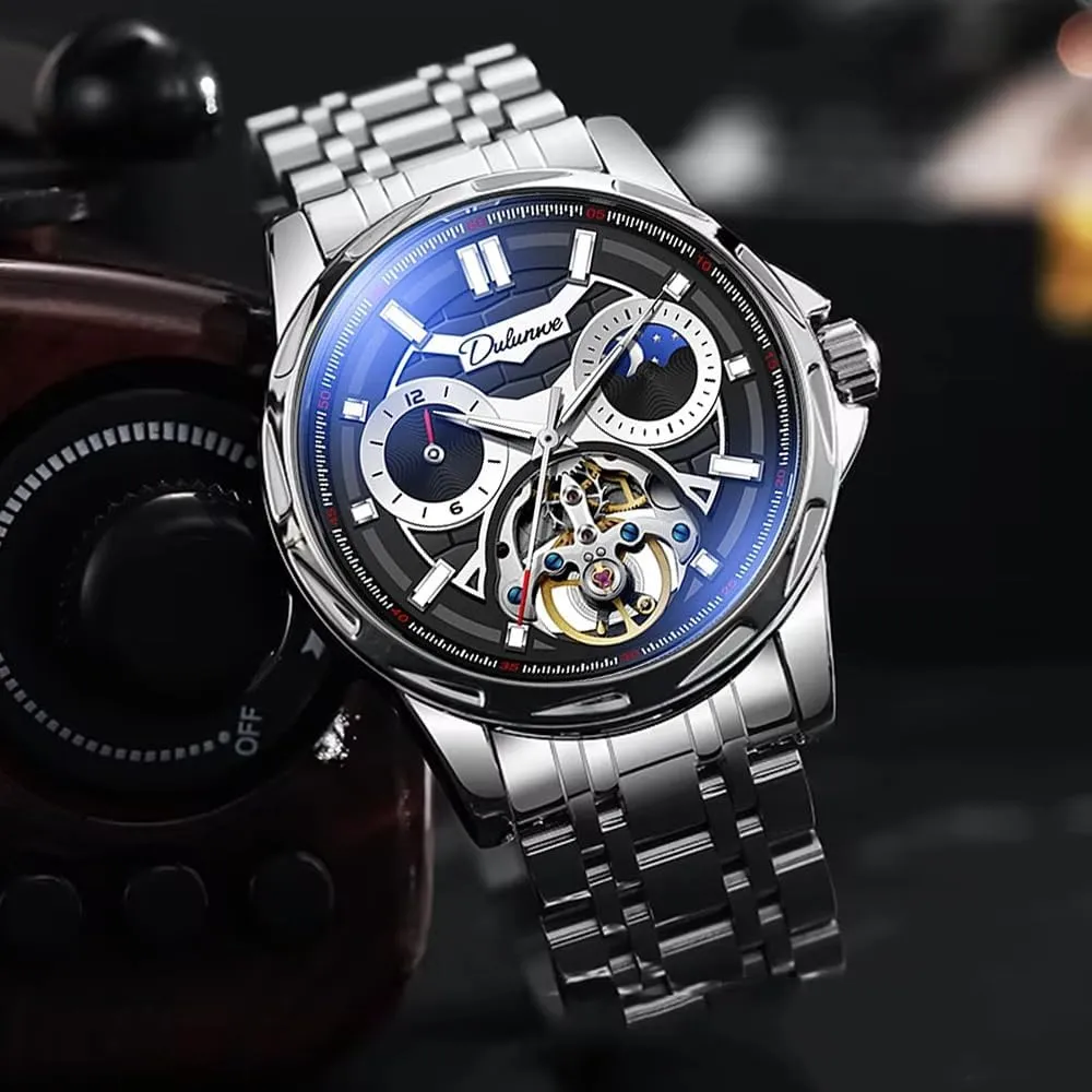 New Luxury Automatic Mechanical Watch for Men Hollow Tourbillon Waterproof Luminous Black Stainless Steel Mens Watches Gifts Box