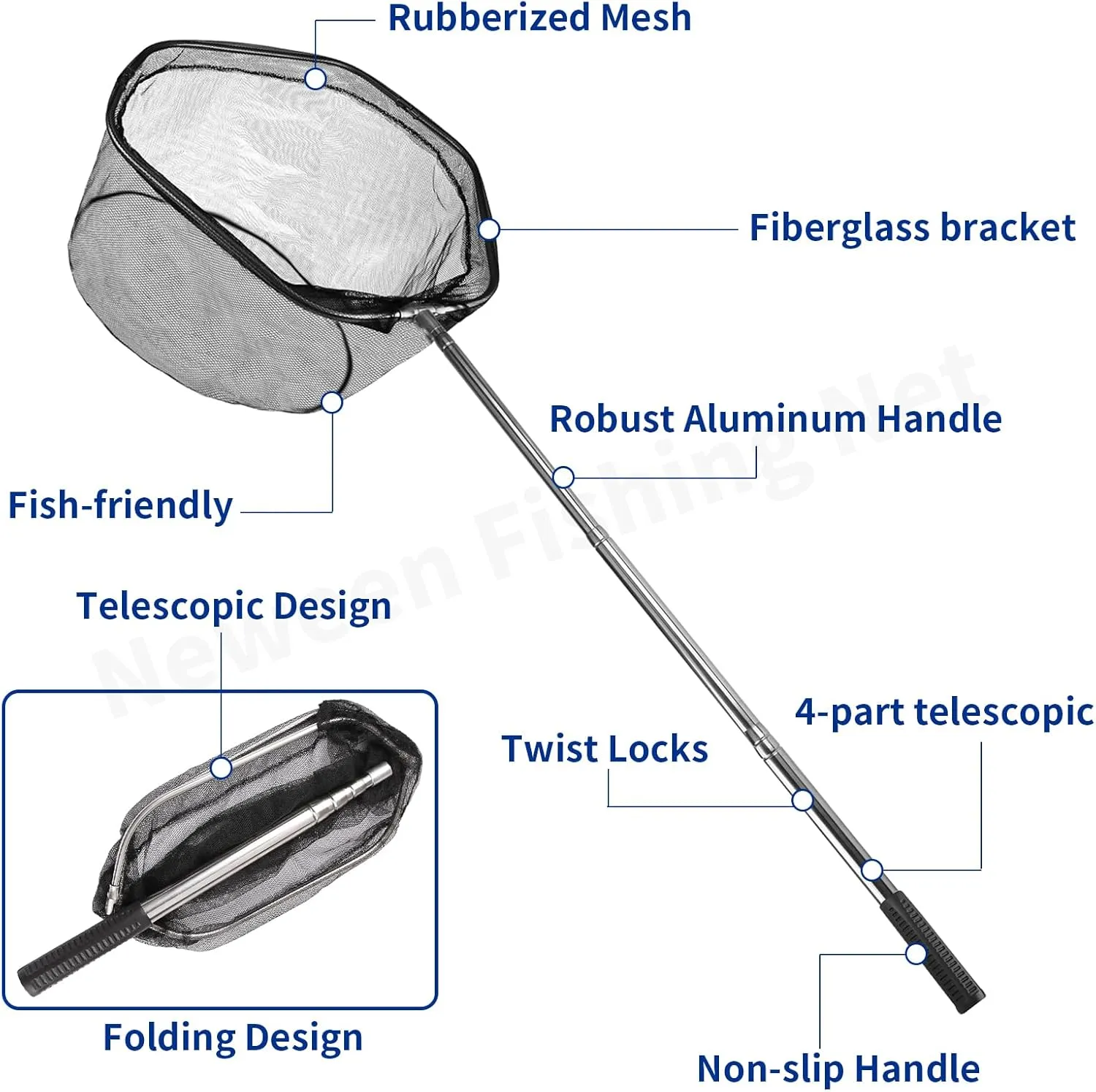 Neween Fishing Net, Foldable Collapsible Telescopic Fish Landing Net, Durable Nylon Material Mesh Landing Net for Easy Catching or Releasing for Trout