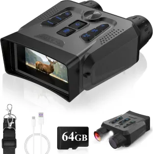 Night Vision Goggles - 4K Night Vision Binoculars 10X Digital Zoom, 3'' HD Screen Rechargeable Infrared Binoculars with 64GB TF Card Save Photo and Video, Gift for Men Camping Hiking Security