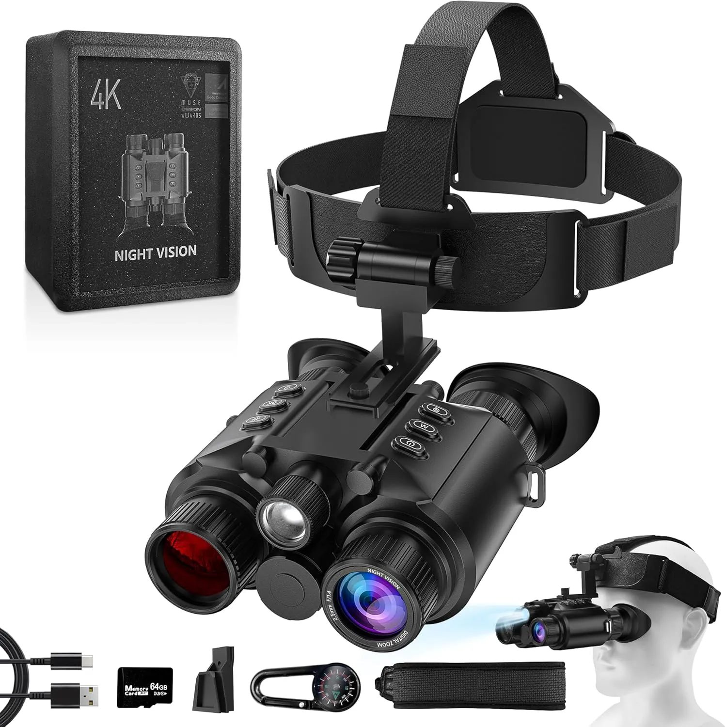 Night Vision Goggles for Adults 4K 2000FT - Head Mounted Night Vision Binoculars, Infrared Goggles with 64GB Card, Adjustable Light, 8X Digital Zoom, for Outdoor Exploration,Camping