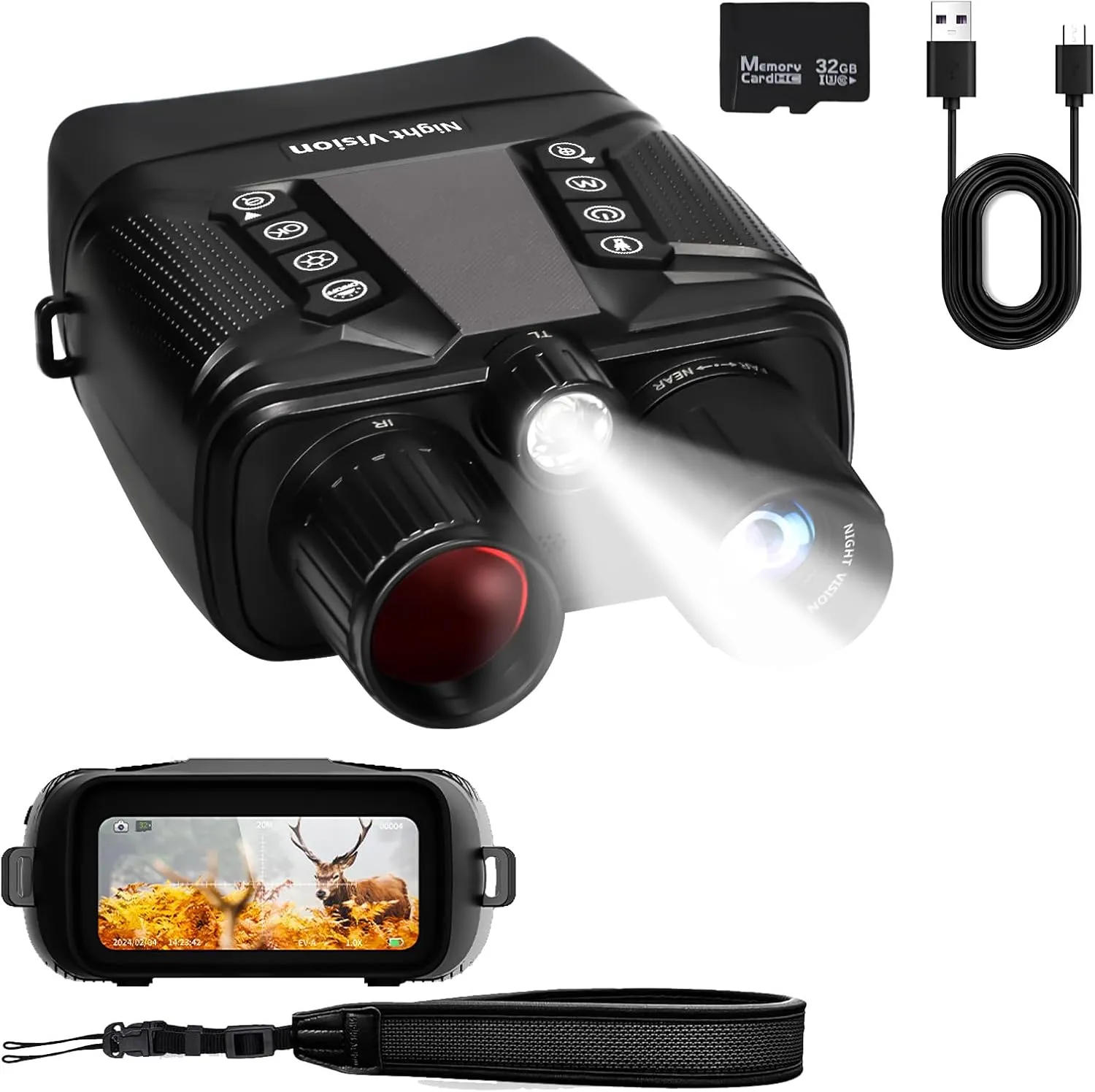Night Vision Goggles for Adults, 4K Dual Infrared Night Vision Binoculars with 5000mAh Up to 16H of Use with 32GB Card, 3" Screen, and 8X Digital Zoom External Flashlight for Camping and Adventure