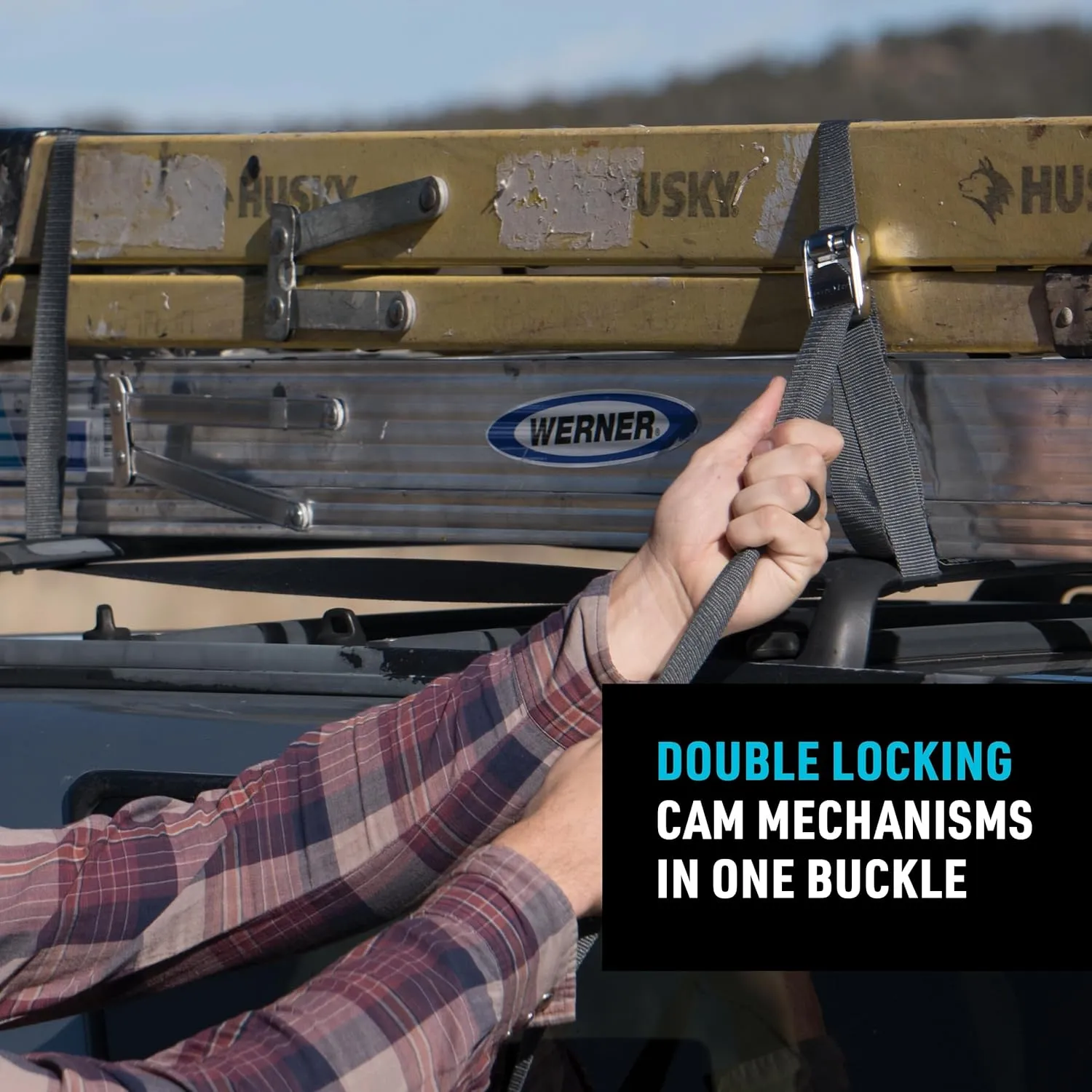 Nite Ize Dual CamJam Tie Down System - Ratchet Straps - Straps for Trucks & Cars - Luggage Strap for Camp Gear - Tie Down Moving Supplies - 12 ft, Black