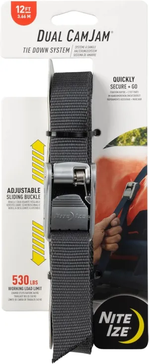 Nite Ize Dual CamJam Tie Down System - Ratchet Straps - Straps for Trucks & Cars - Luggage Strap for Camp Gear - Tie Down Moving Supplies - 12 ft, Black