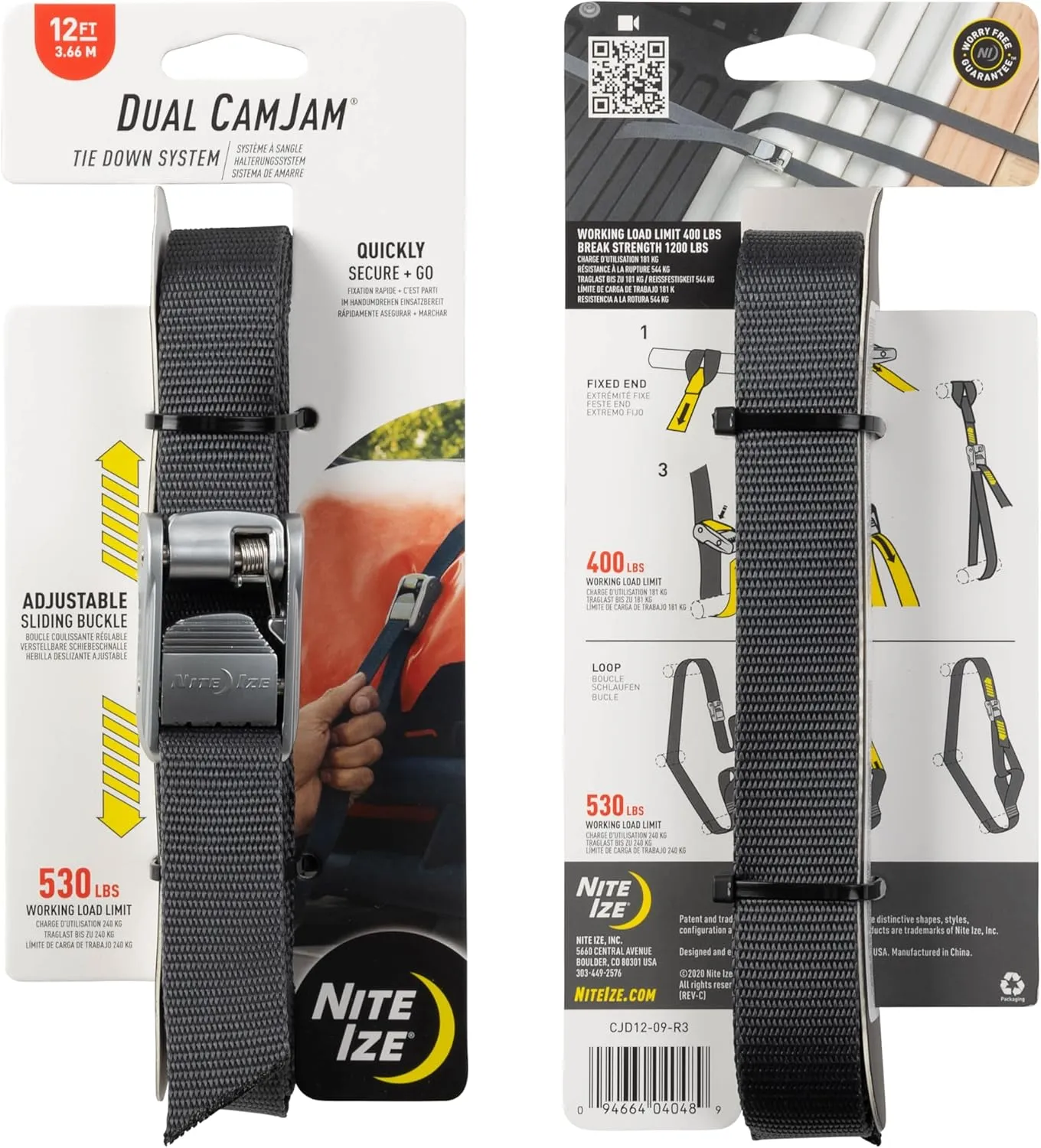 Nite Ize Dual CamJam Tie Down System - Ratchet Straps - Straps for Trucks & Cars - Luggage Strap for Camp Gear - Tie Down Moving Supplies - 12 ft, Black