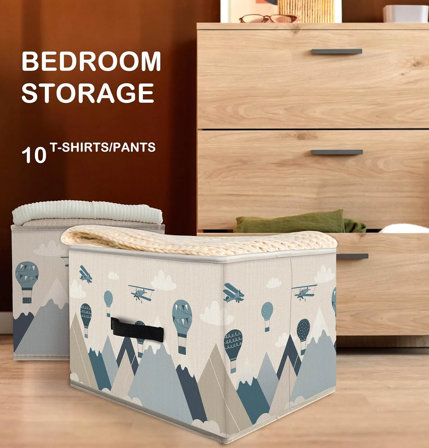 Nogrit Sky Adventure Storage Bins Box, Toybox for Boys, Blue Aircraft Hot Air Balloon Foldable Baskets Organizer Container with Handles for Kids Boys Bedroom Bathroom Clothes Toys Books