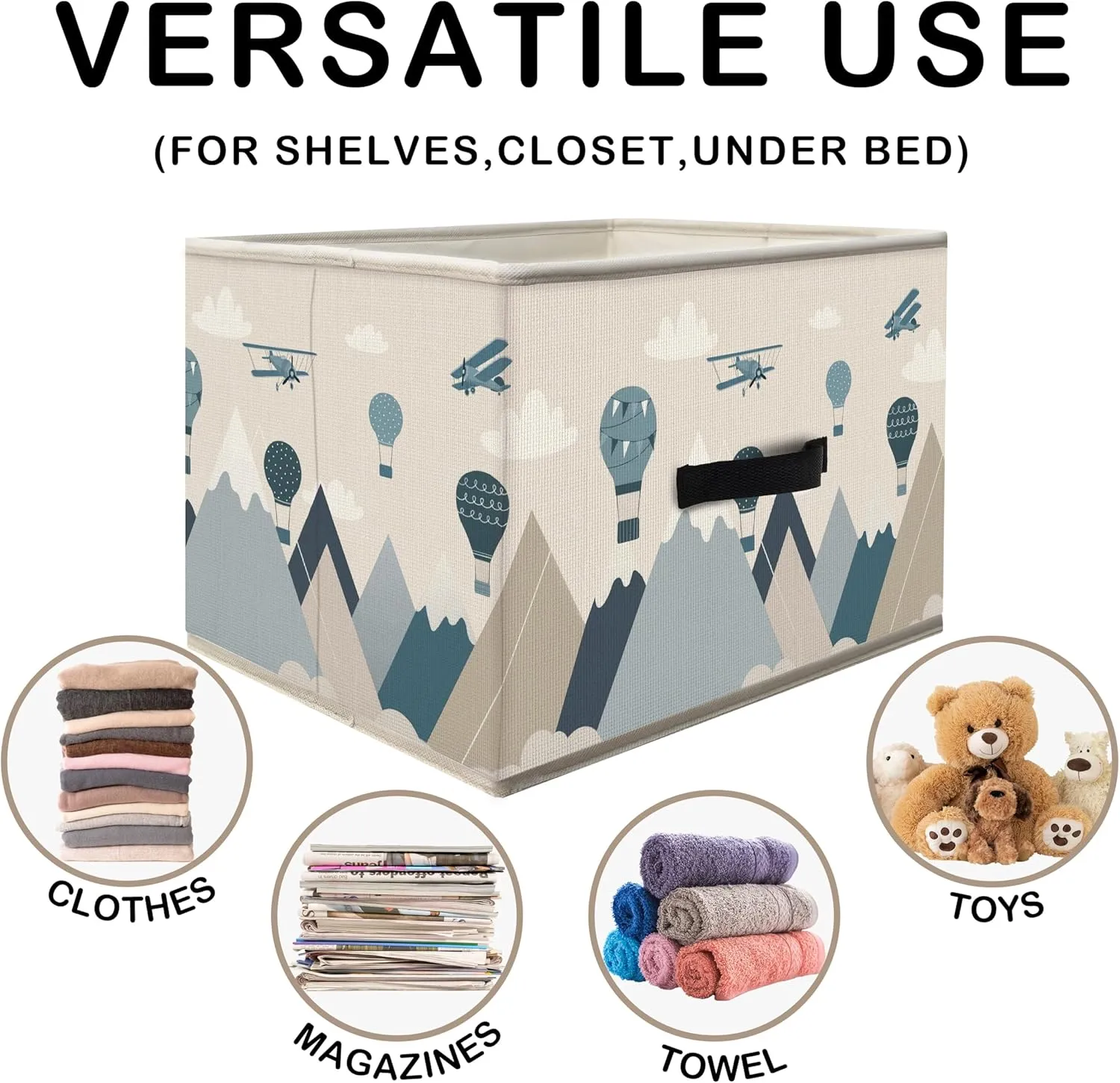 Nogrit Sky Adventure Storage Bins Box, Toybox for Boys, Blue Aircraft Hot Air Balloon Foldable Baskets Organizer Container with Handles for Kids Boys Bedroom Bathroom Clothes Toys Books