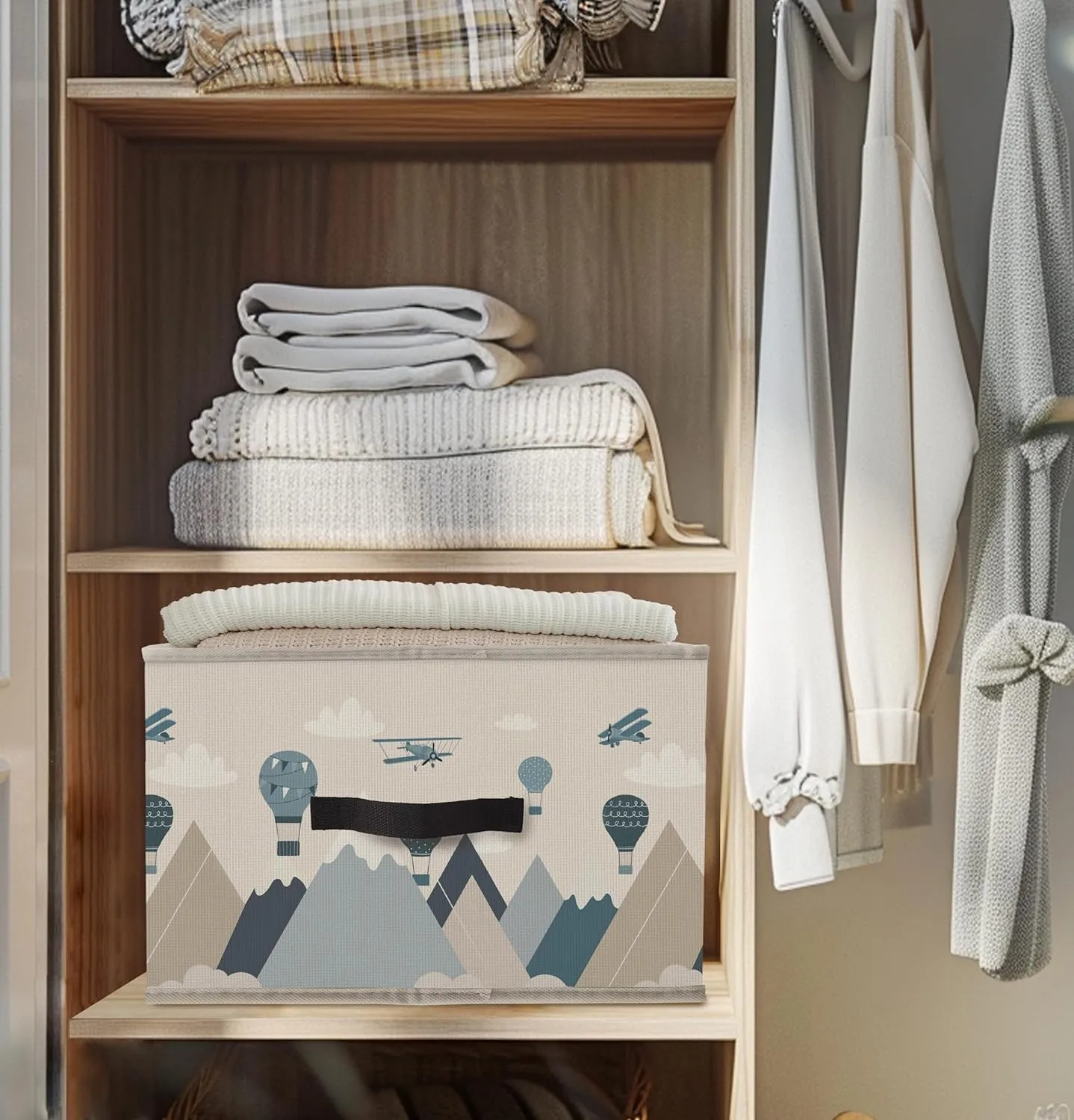 Nogrit Sky Adventure Storage Bins Box, Toybox for Boys, Blue Aircraft Hot Air Balloon Foldable Baskets Organizer Container with Handles for Kids Boys Bedroom Bathroom Clothes Toys Books