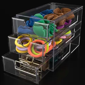Noverlife 3 Drawers Hair Accessories Organizer, Clear Acrylic Hair Ties Desktop Craft Drawer Cabinet, Hair Claws Desk Organizer Storage Containers Box with Pull-Out Drawer for Bathroom Closet Office
