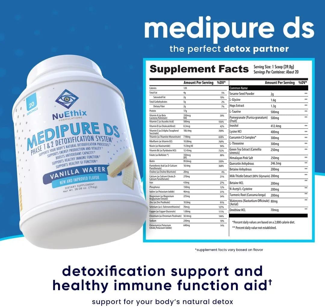 NuEthix Formulations Medipure DS with Pea Protein Phase 1 & 2 Detoxification System, Supplement to Help Support The Body’s Natural Detoxification Process, Vanilla Wafer (Non-Caffeinated), 20 Servings
