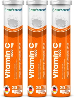 nutrazul Vitamin C 1000mg Effervescent Tablets- Orange 20’s (Pack of 3) | Gluten Free, Lactose Free, Sugar Free & Preservative Free