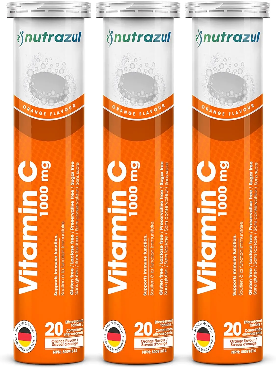 nutrazul Vitamin C 1000mg Effervescent Tablets- Orange 20’s (Pack of 3) | Gluten Free, Lactose Free, Sugar Free & Preservative Free