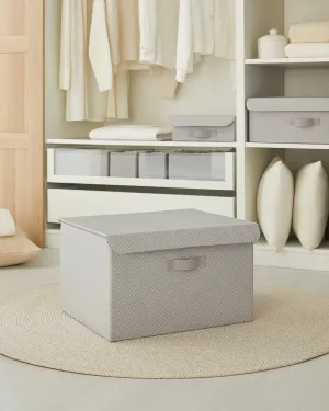 Ocean Home Textile Storage Box With Lid, Herringbone Pattern, Grey