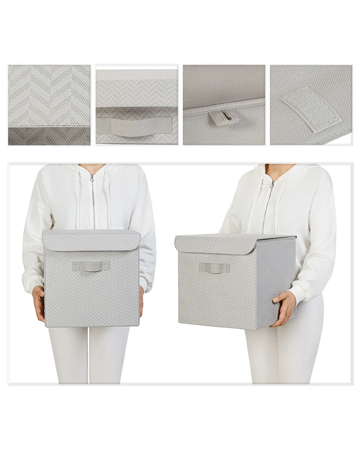 Ocean Home Textile Storage Box With Lid, Herringbone Pattern, Grey