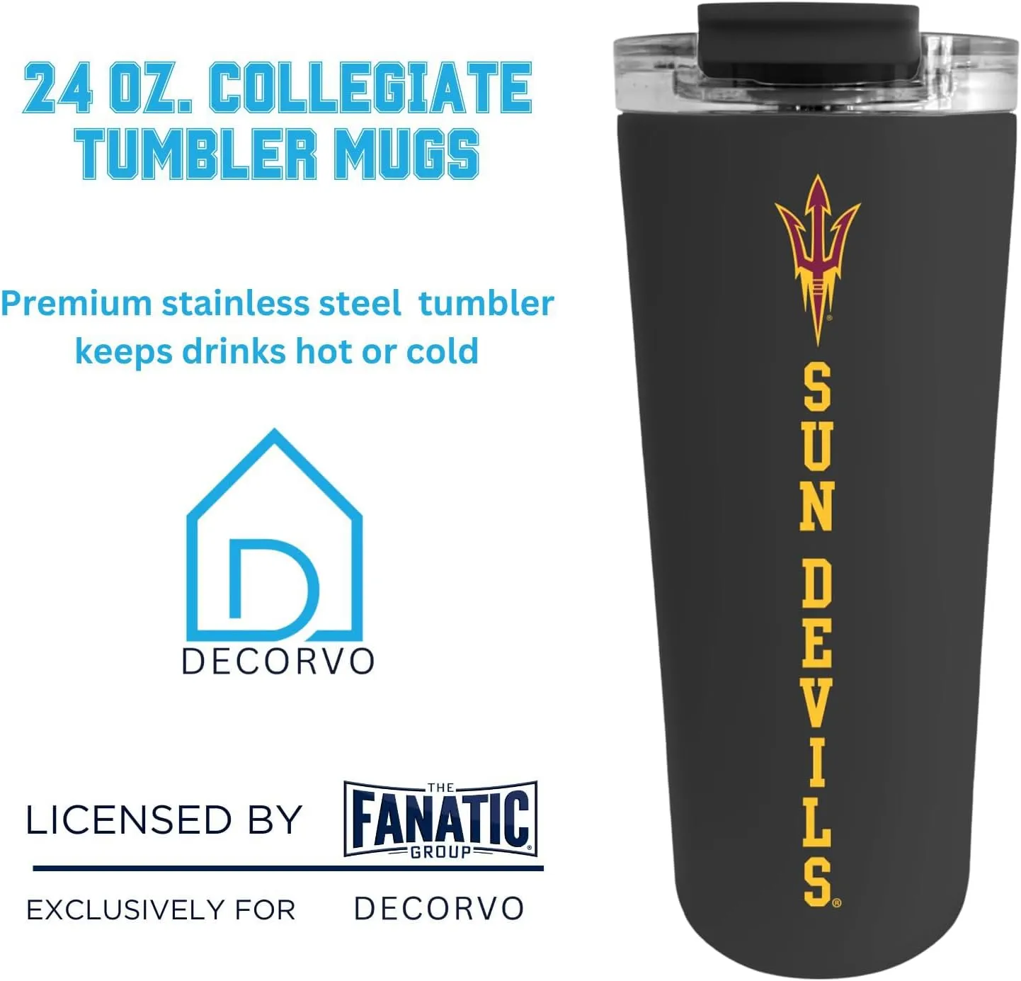 Officially Licensed Collegiate Stainless Steel Tumbler - Double Walled Insulated Travel Thermos - 24 oz (Arizona St. Black)