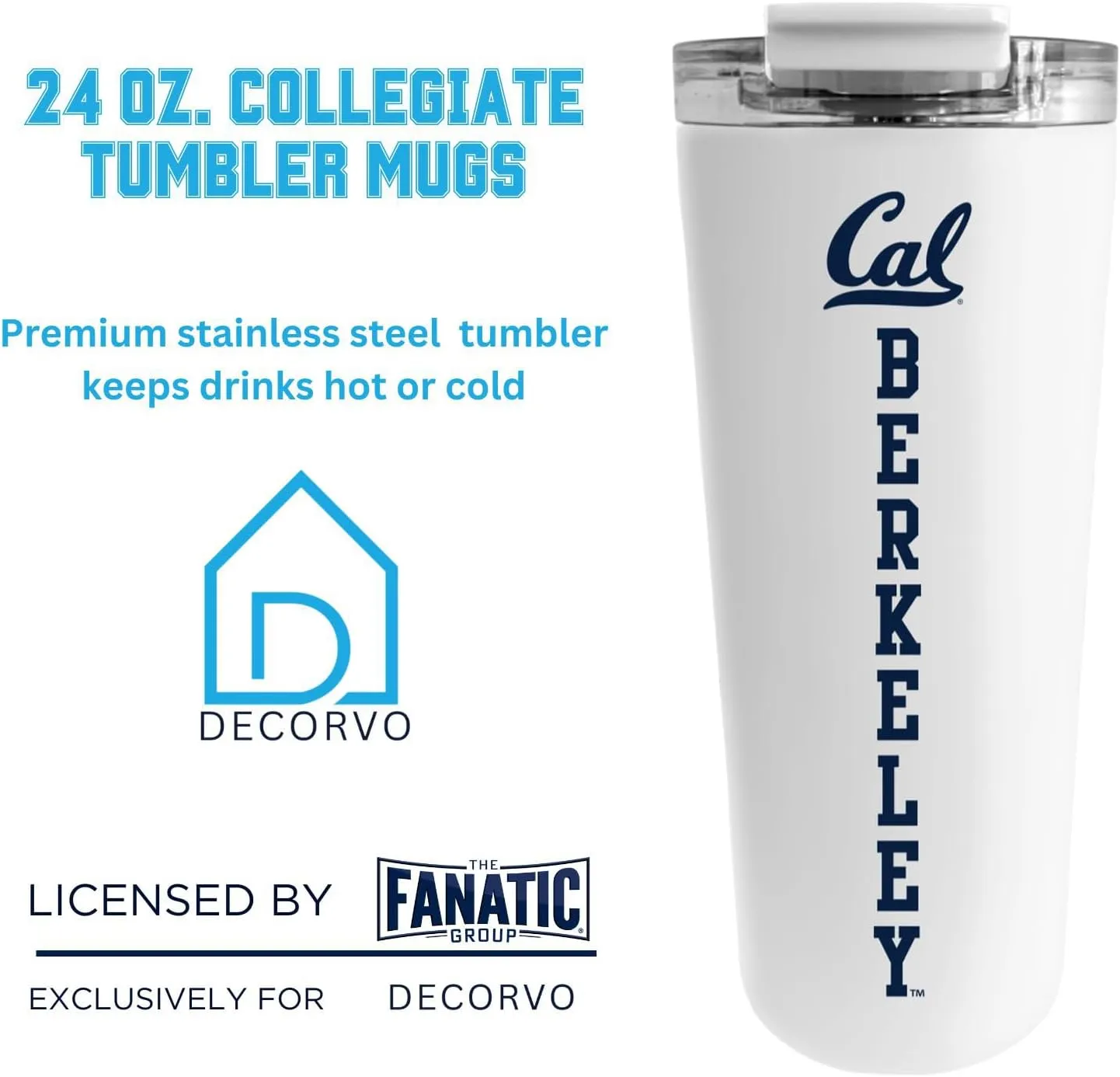 Officially Licensed Collegiate Stainless Steel Tumbler - Double Walled Insulated Travel Thermos - 24 oz (California White)