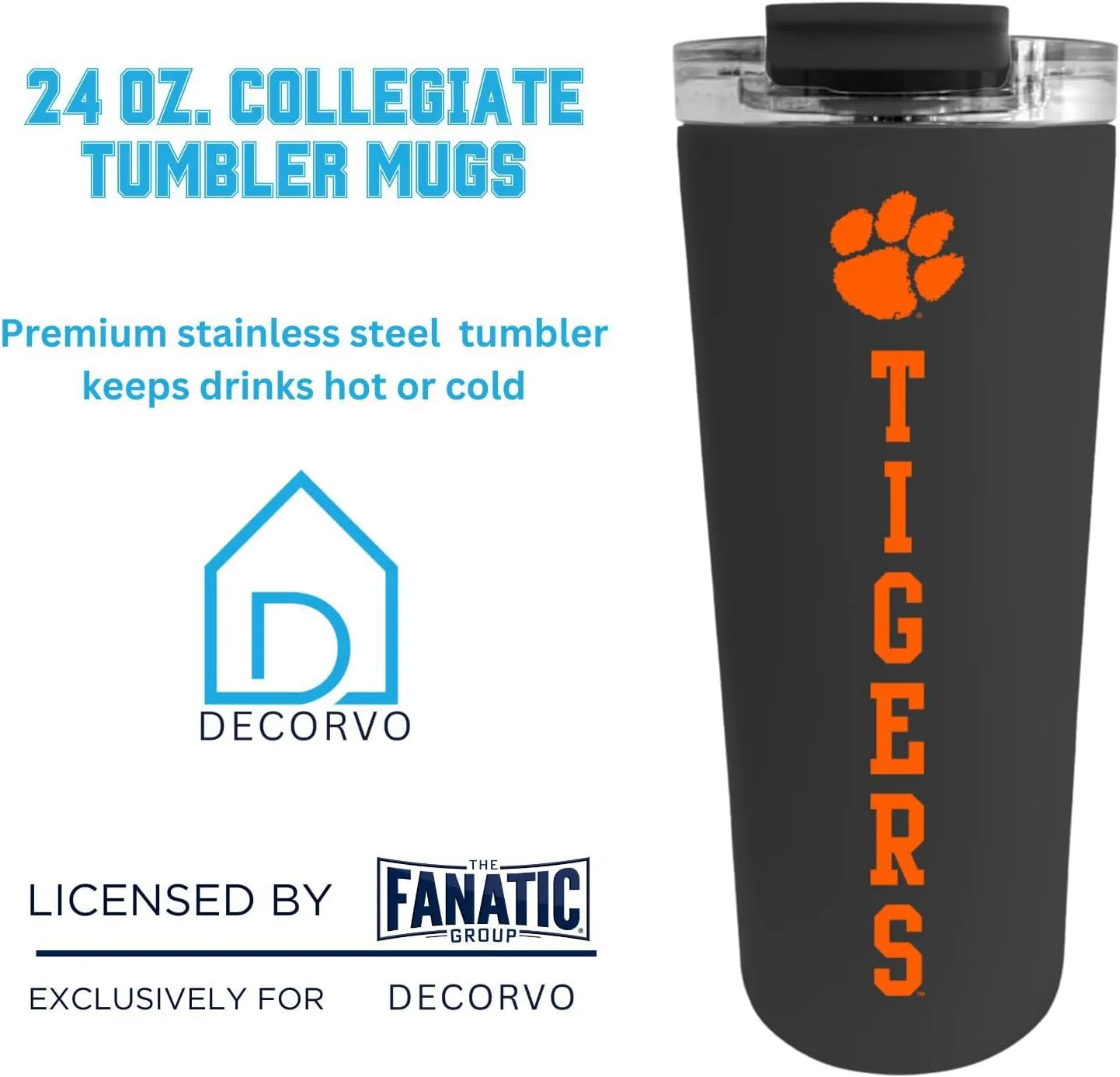 Officially Licensed Collegiate Stainless Steel Tumbler - Double Walled Insulated Travel Thermos - 24 oz (Clemson Black)