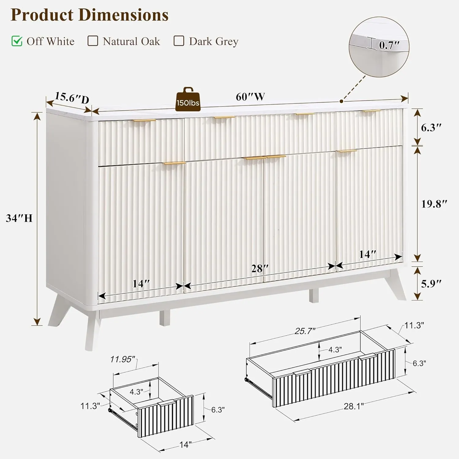 OKD 60" Buffet Sideboard Cabinet with Storage, Morden Fluted Credenza Buffet Table Coffee Bar Storage Cabinet with 4 Doors and 3 Drawers for Dining Room, Living Room,Hallway (Solid White)