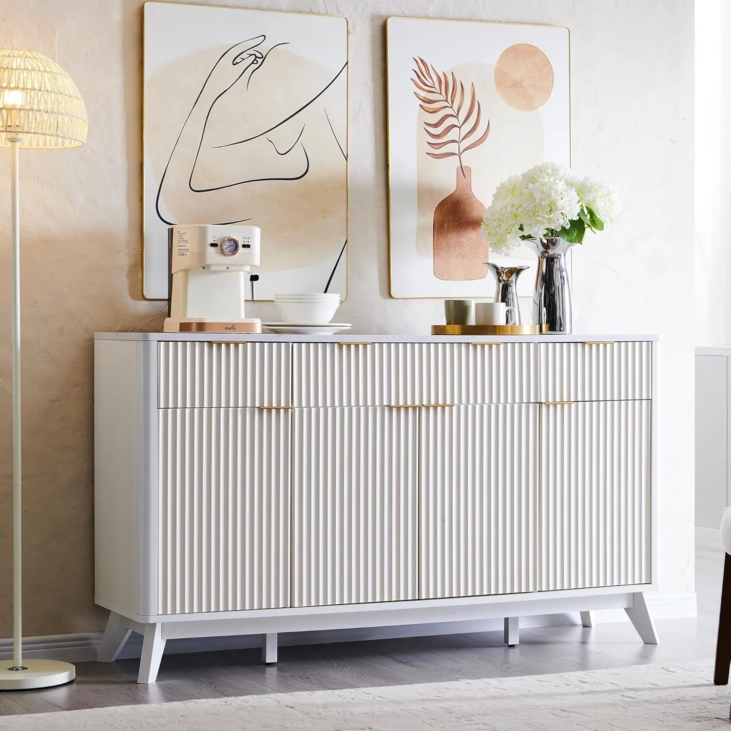 OKD 60" Buffet Sideboard Cabinet with Storage, Morden Fluted Credenza Buffet Table Coffee Bar Storage Cabinet with 4 Doors and 3 Drawers for Dining Room, Living Room,Hallway (Solid White)