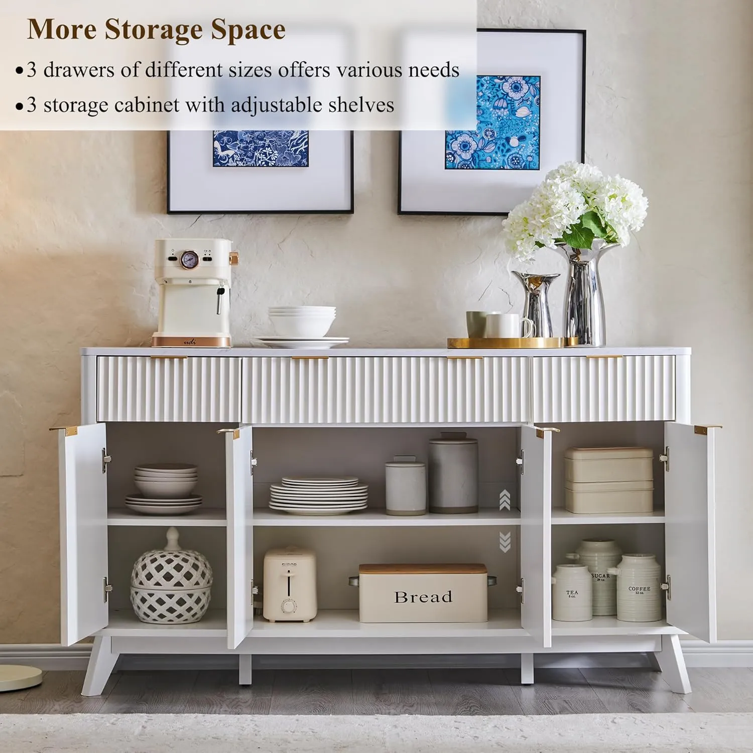 OKD 60" Buffet Sideboard Cabinet with Storage, Morden Fluted Credenza Buffet Table Coffee Bar Storage Cabinet with 4 Doors and 3 Drawers for Dining Room, Living Room,Hallway (Solid White)