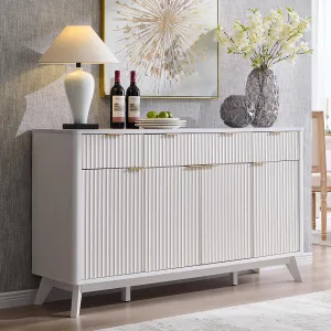 OKD 60" Buffet Sideboard Cabinet with Storage, Morden Fluted Credenza Buffet Table Coffee Bar Storage Cabinet with 4 Doors and 3 Drawers for Dining Room, Living Room,Hallway (Solid White)