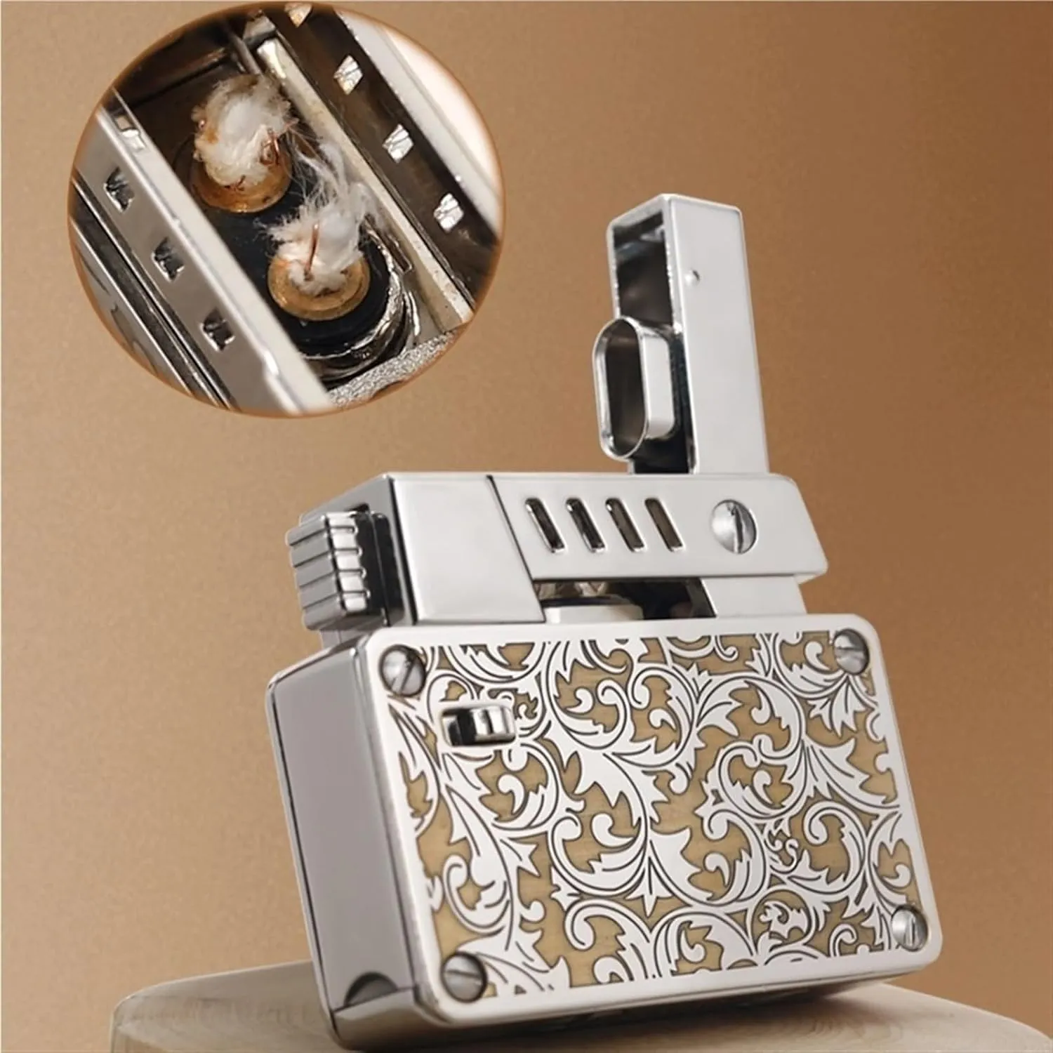Old-fashioned kerosene lighter, soft flame, one-button automatic pop-up ignition, flame safety lock, dual burners, reusable lighter, suitable for outdoor picnics and camping (fuel not included)(Silver