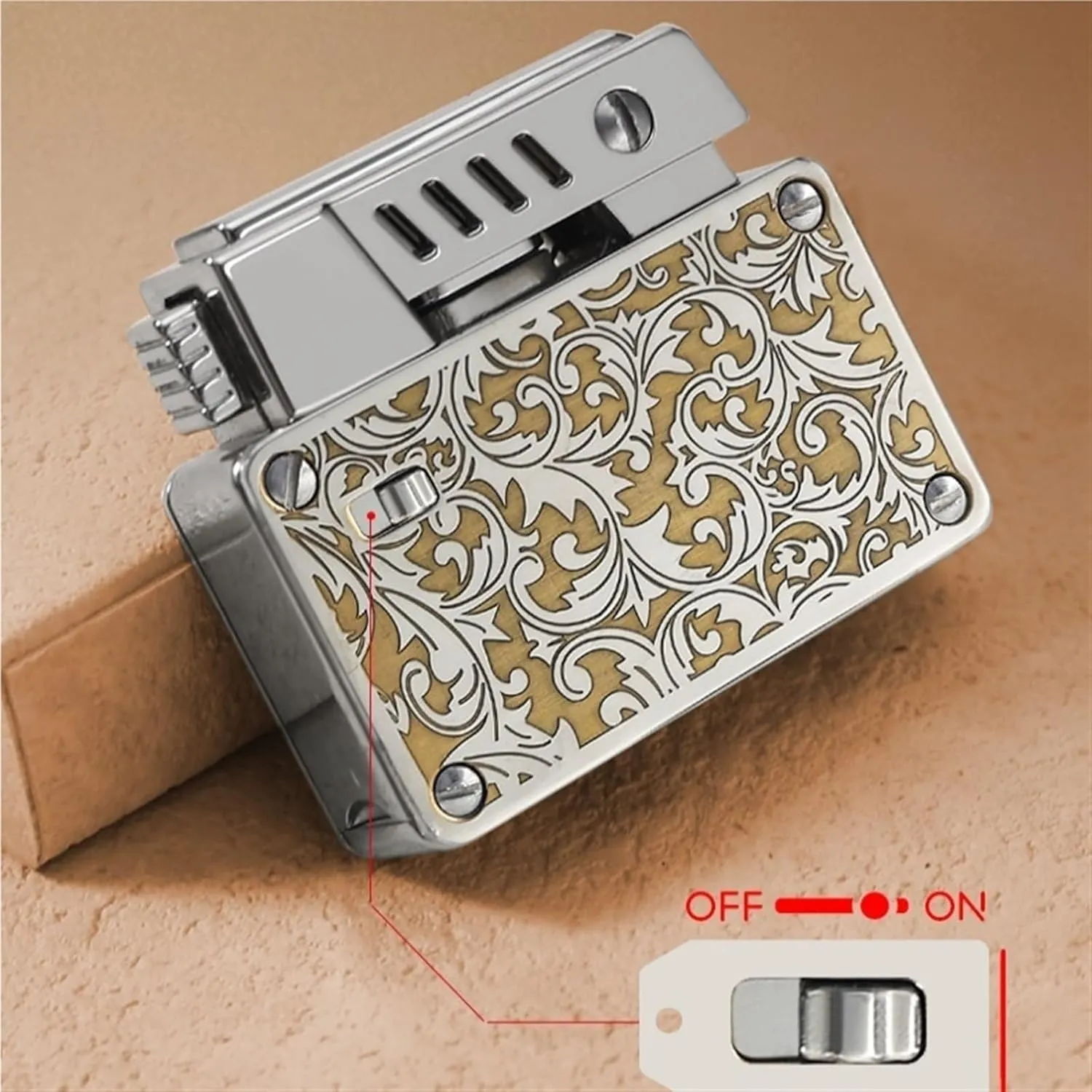 Old-fashioned kerosene lighter, soft flame, one-button automatic pop-up ignition, flame safety lock, dual burners, reusable lighter, suitable for outdoor picnics and camping (fuel not included)(Silver