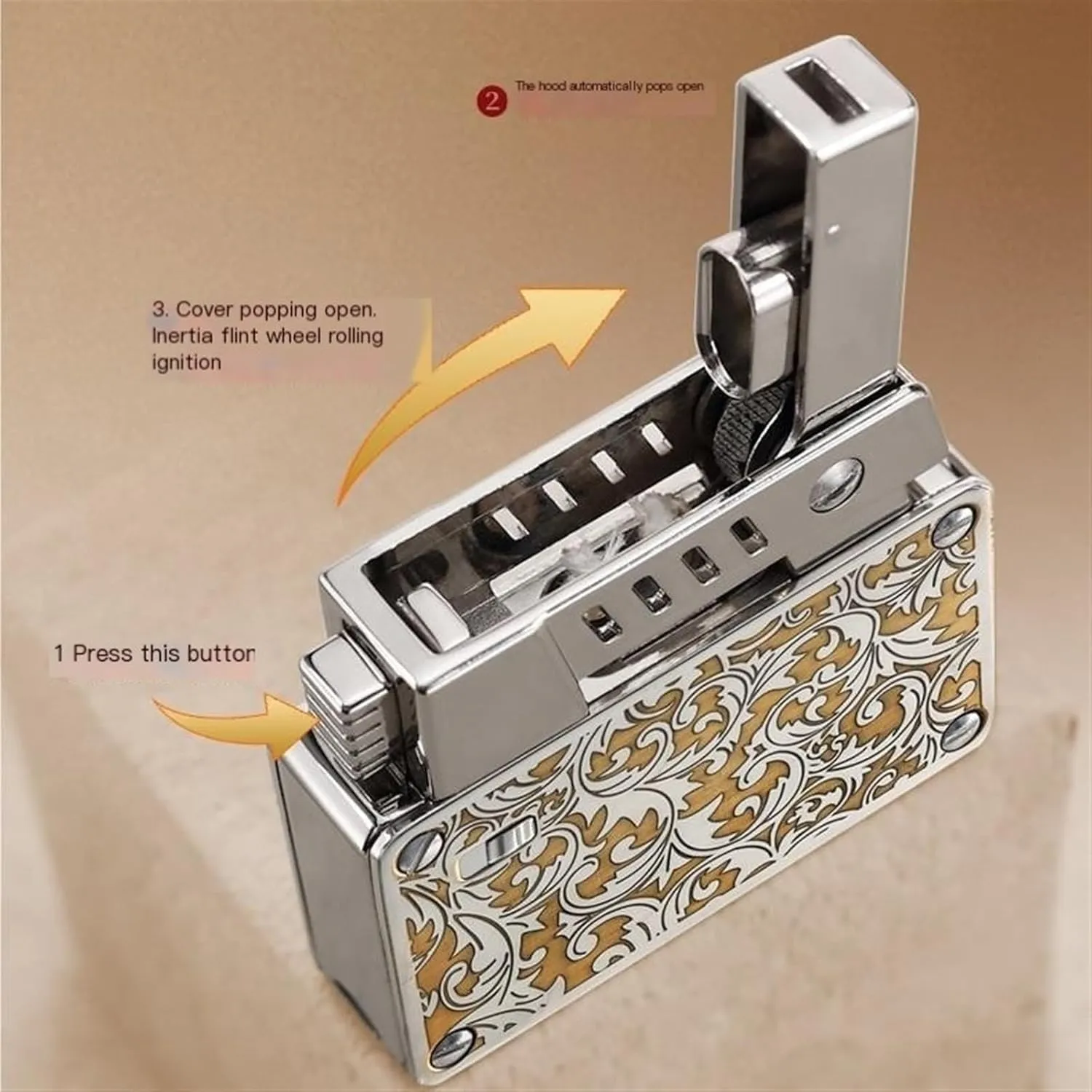 Old-fashioned kerosene lighter, soft flame, one-button automatic pop-up ignition, flame safety lock, dual burners, reusable lighter, suitable for outdoor picnics and camping (fuel not included)(Silver