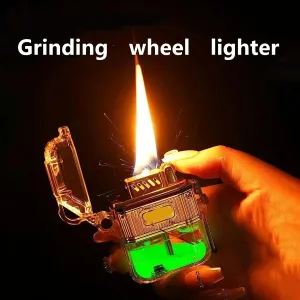 Old-Fashioned Transparent Window Portable Grinding Wheel lighters, Waterproof Kerosene Metal Men's lighters, Suitable for Camping, Travel (Without Fuel)(Black)