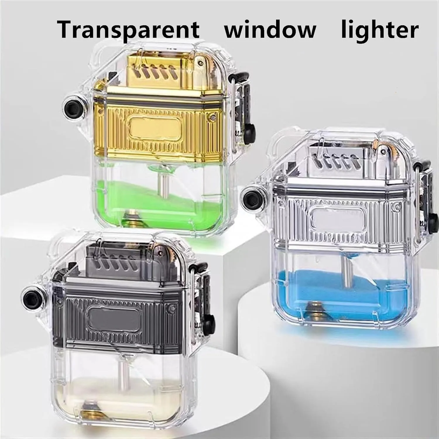 Old-Fashioned Transparent Window Portable Grinding Wheel lighters, Waterproof Kerosene Metal Men's lighters, Suitable for Camping, Travel (Without Fuel)(Black)