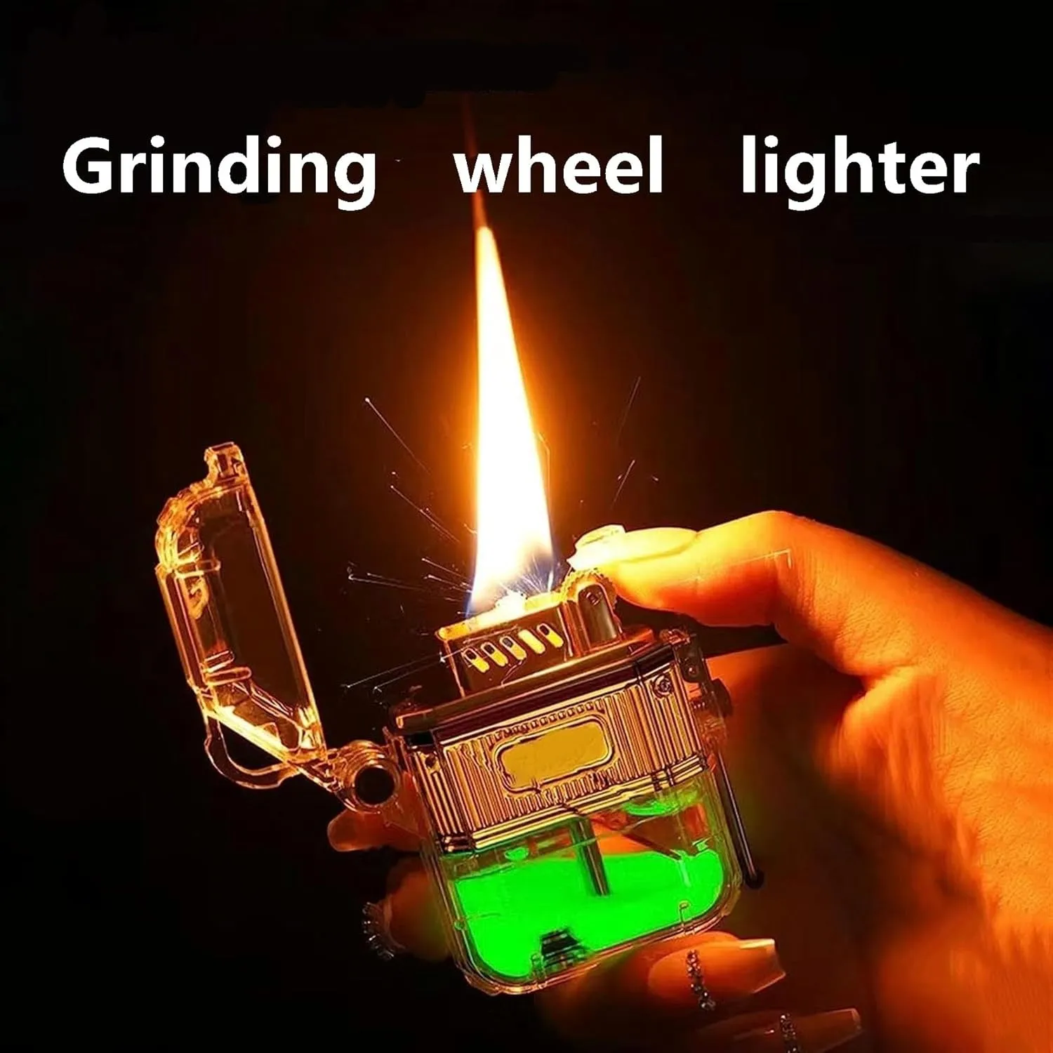 Old-Fashioned Transparent Window Portable Grinding Wheel lighters, Waterproof Kerosene Metal Men's lighters, Suitable for Camping, Travel (Without Fuel)(Black)