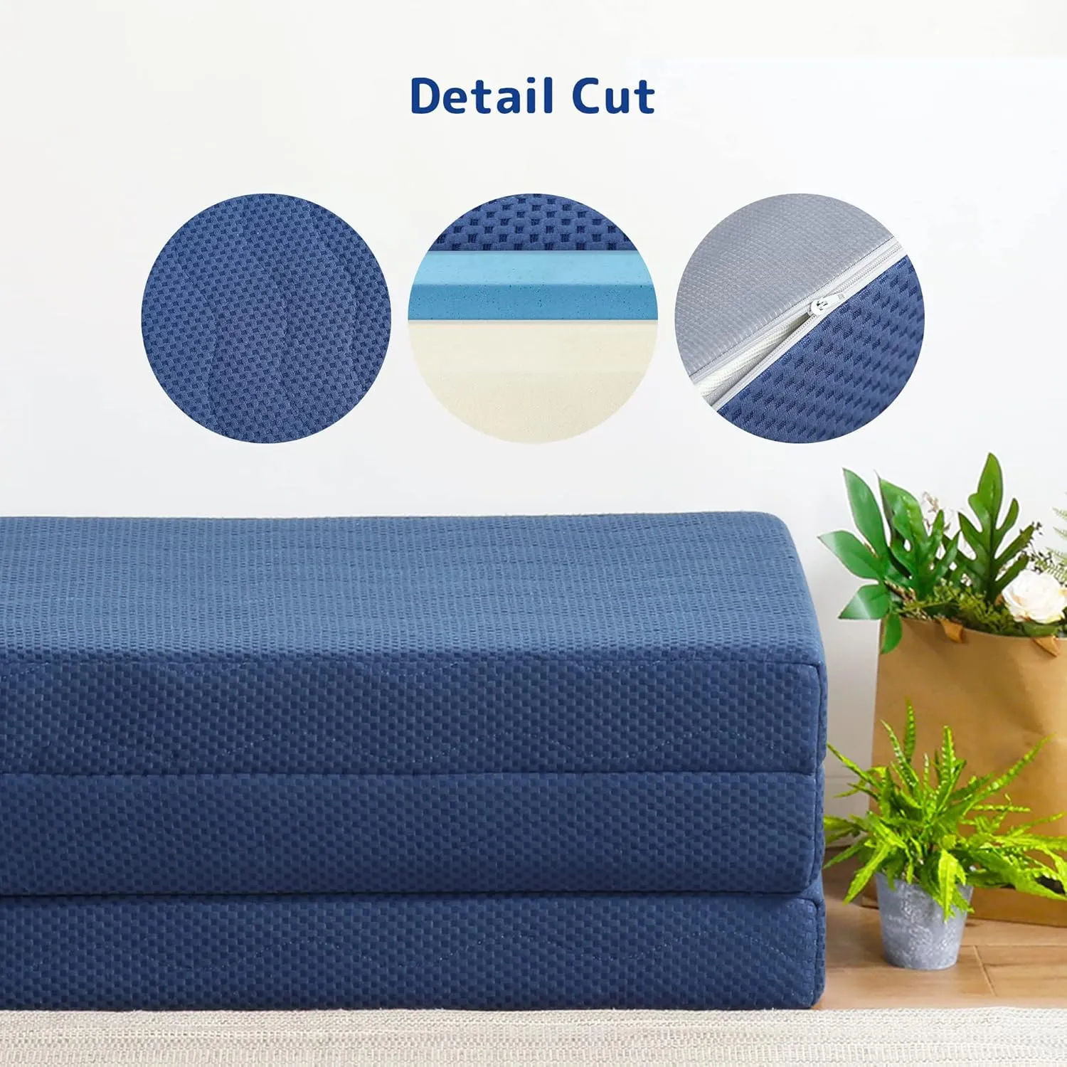 Olee Sleep Tri-Folding Memory Foam Mattress Topper, 4 Inch Gel Folding Mattress for Camping, Foldable Guest Bed, Washable Cover, CertiPUR-US Certified, Soft, Blue, Single Size