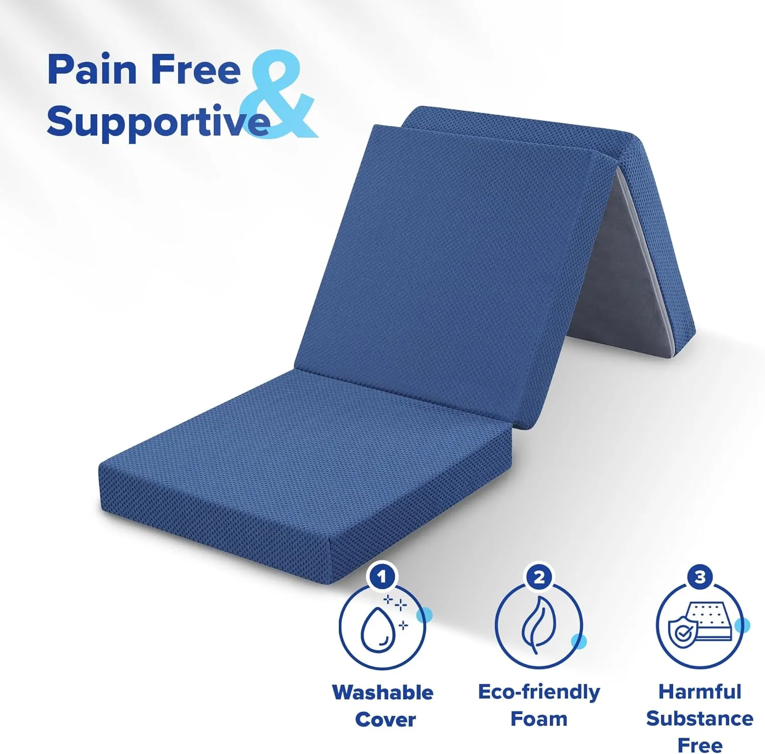 Olee Sleep Tri-Folding Memory Foam Mattress Topper, 4 Inch Gel Folding Mattress for Camping, Foldable Guest Bed, Washable Cover, CertiPUR-US Certified, Soft, Blue, Single Size