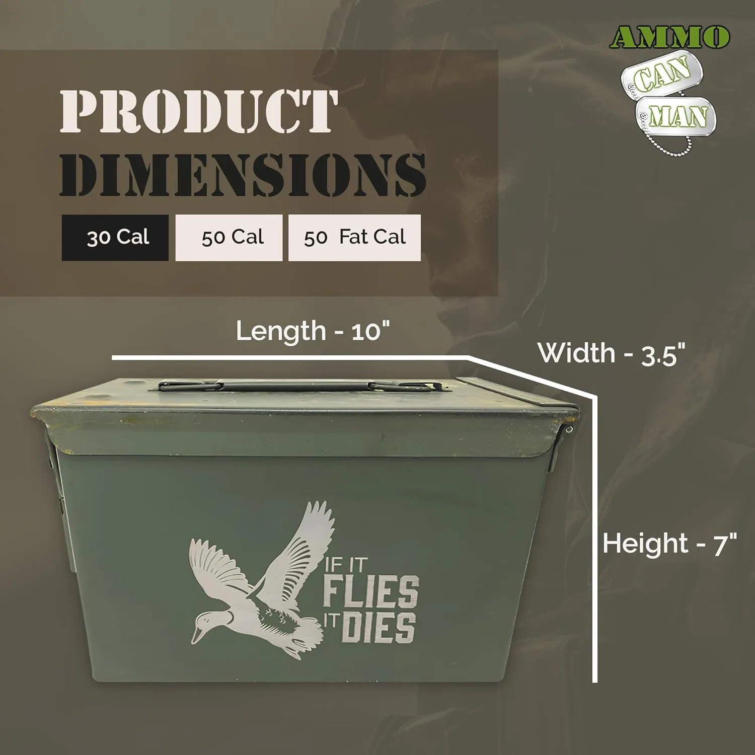 Olive Drab Green M2A1/A2 50 Cal Ammo Can – ‘If It Flies It Dies’ Laser Engraved Metal Ammo Storage Box – Durable, Waterproof Storage Box for Tools - Versatile Ammunition Box for Outdoor Enthusiasts