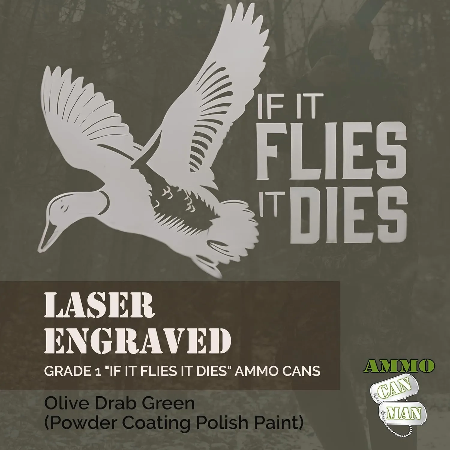 Olive Drab Green M2A1/A2 50 Cal Ammo Can – ‘If It Flies It Dies’ Laser Engraved Metal Ammo Storage Box – Durable, Waterproof Storage Box for Tools - Versatile Ammunition Box for Outdoor Enthusiasts