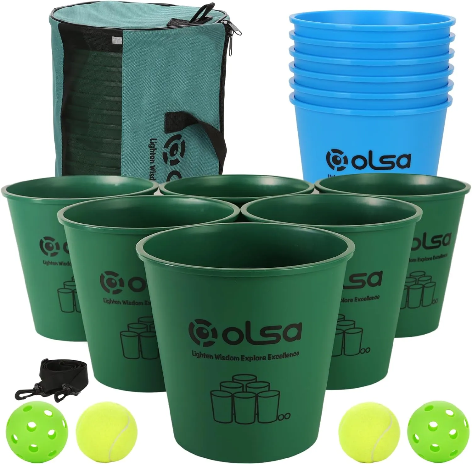Olsa Giant Yard Pong Outdoor Games, Toss Family Games with 12 Buckets, Balls & Strength Carrying Bag for Yard Games Lawn Game Beach Games, Indoor Outdoor Games for Adults and Family (Green & Blue)