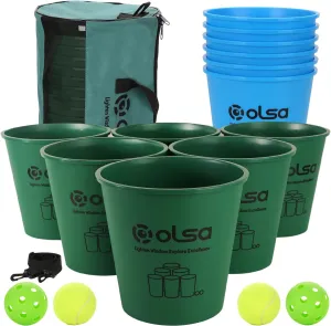 Olsa Giant Yard Pong Outdoor Games, Toss Family Games with 12 Buckets, Balls & Strength Carrying Bag for Yard Games Lawn Game Beach Games, Indoor Outdoor Games for Adults and Family (Green & Blue)