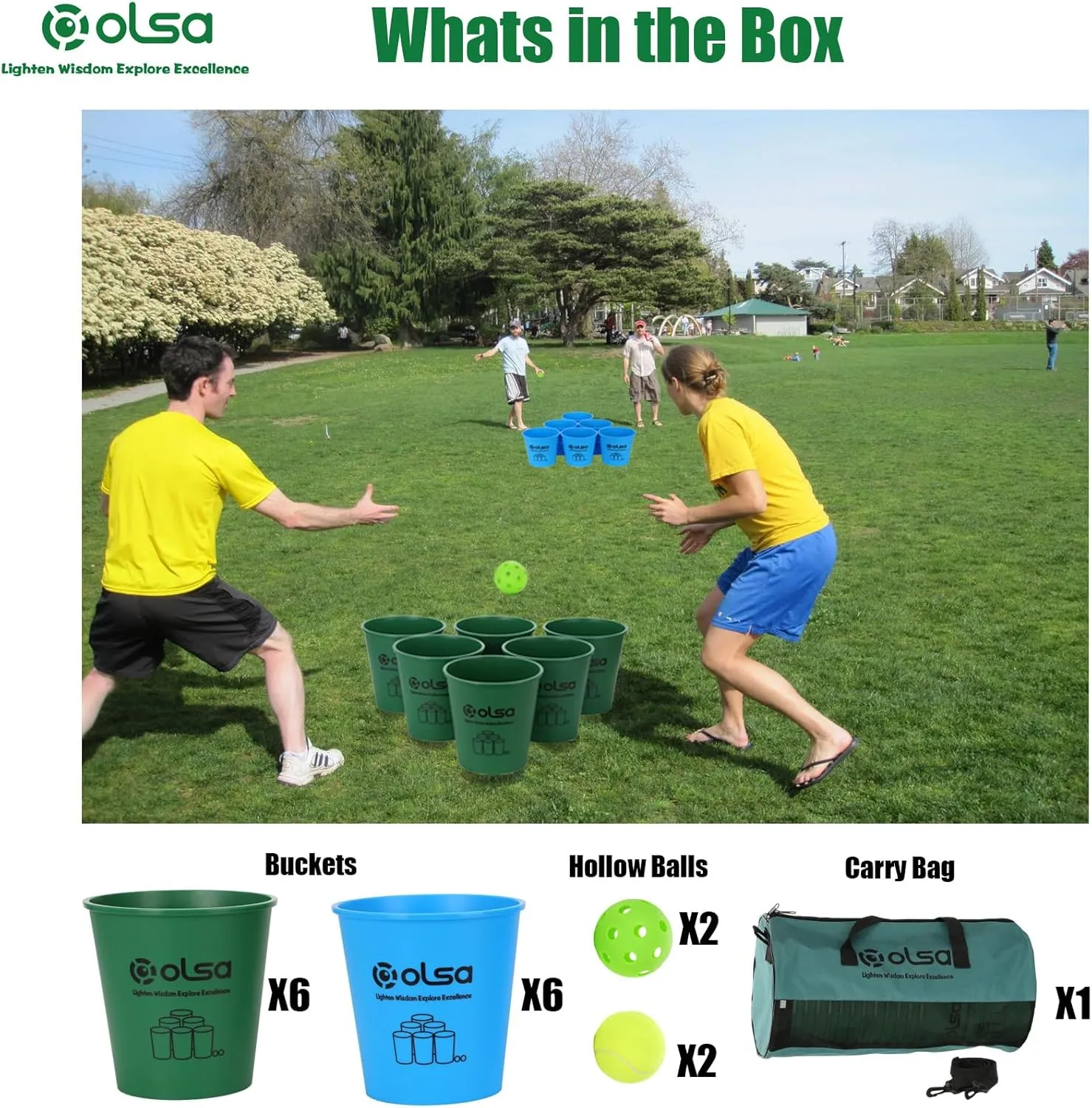 Olsa Giant Yard Pong Outdoor Games, Toss Family Games with 12 Buckets, Balls & Strength Carrying Bag for Yard Games Lawn Game Beach Games, Indoor Outdoor Games for Adults and Family (Green & Blue)