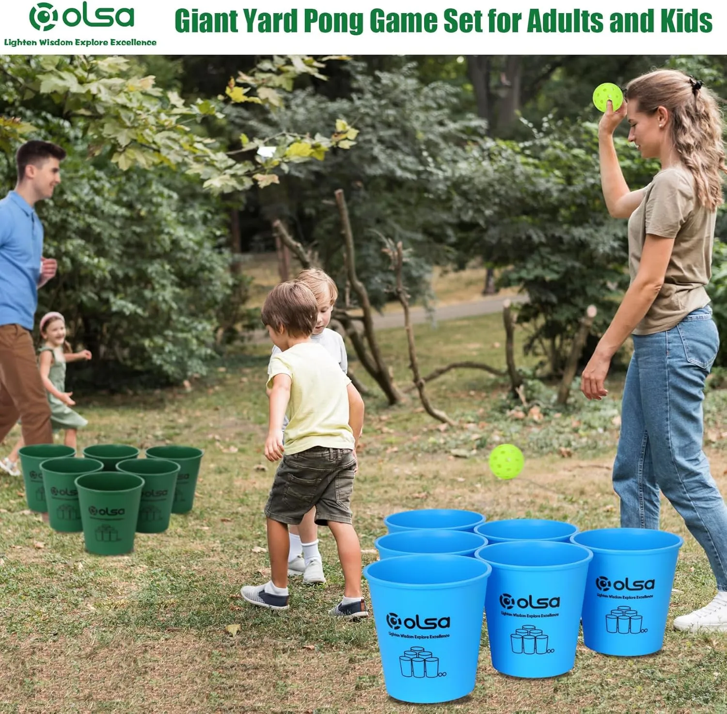 Olsa Giant Yard Pong Outdoor Games, Toss Family Games with 12 Buckets, Balls & Strength Carrying Bag for Yard Games Lawn Game Beach Games, Indoor Outdoor Games for Adults and Family (Green & Blue)