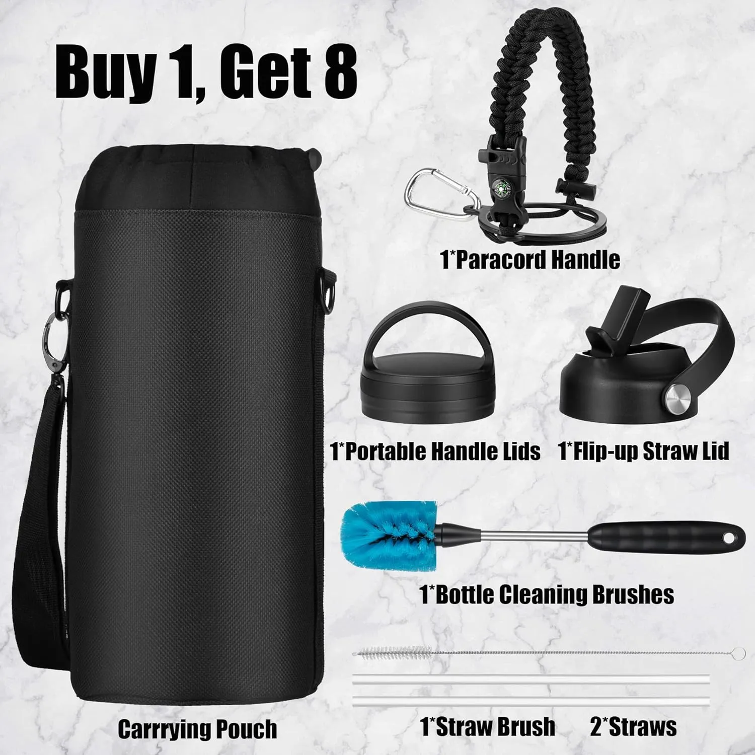 One Gallon Water Bottle - WAPEST 128 oz Large Water Jug Double Walled Vacuum Stainless Steel Insulated Water Bottle with Paracord Handle, Bottle Brush, Carrying Pouch & 2 Lids - Leakproof, Black