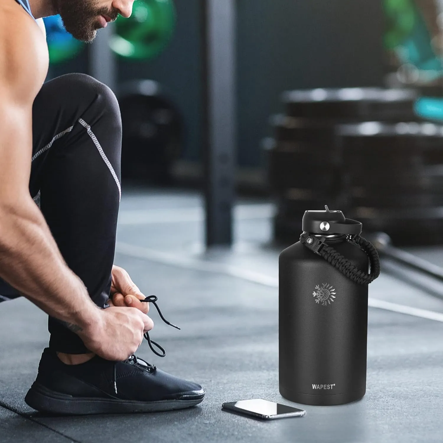 One Gallon Water Bottle - WAPEST 128 oz Large Water Jug Double Walled Vacuum Stainless Steel Insulated Water Bottle with Paracord Handle, Bottle Brush, Carrying Pouch & 2 Lids - Leakproof, Black