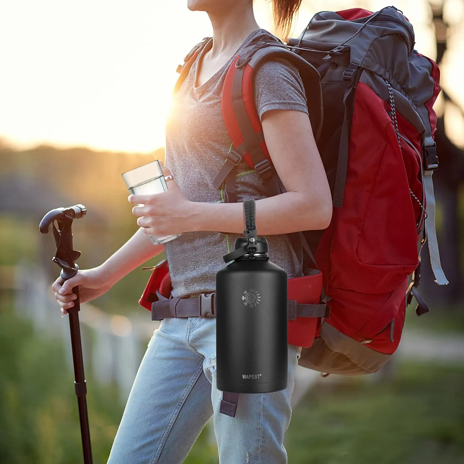One Gallon Water Bottle - WAPEST 128 oz Large Water Jug Double Walled Vacuum Stainless Steel Insulated Water Bottle with Paracord Handle, Bottle Brush, Carrying Pouch & 2 Lids - Leakproof, Black