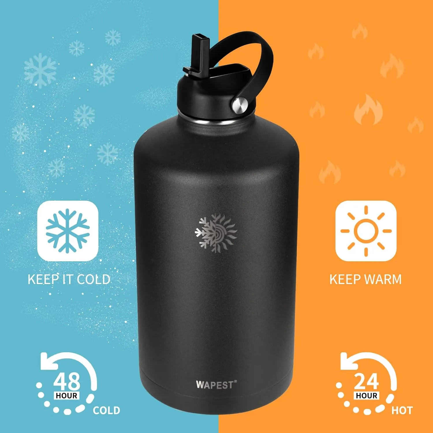 One Gallon Water Bottle - WAPEST 128 oz Large Water Jug Double Walled Vacuum Stainless Steel Insulated Water Bottle with Paracord Handle, Bottle Brush, Carrying Pouch & 2 Lids - Leakproof, Black