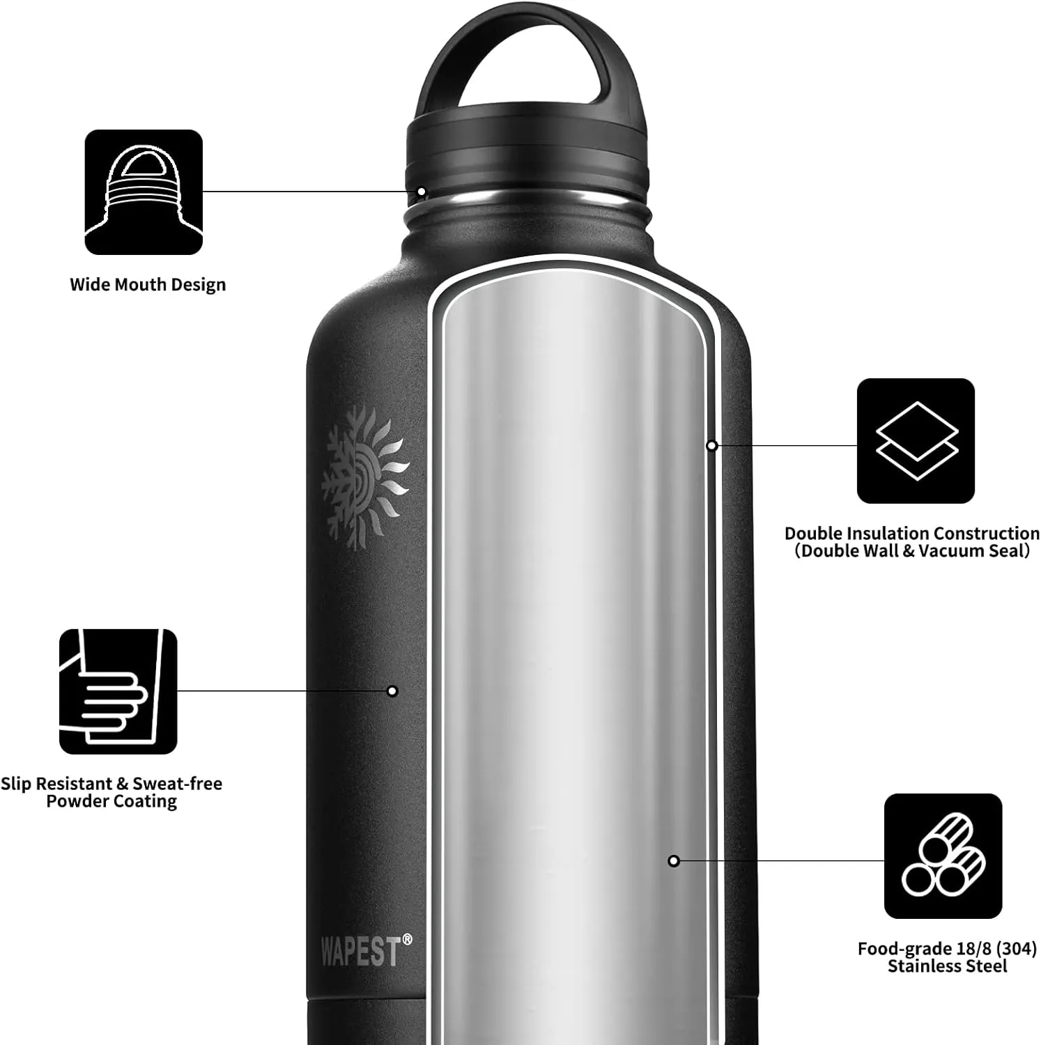 One Gallon Water Bottle - WAPEST 128 oz Large Water Jug Double Walled Vacuum Stainless Steel Insulated Water Bottle with Paracord Handle, Bottle Brush, Carrying Pouch & 2 Lids - Leakproof, Black